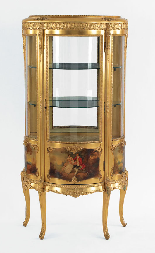 French giltwood vitrine, 55 inches high, 26 inches wide. Estimate: $800-$1,200. Image courtesy of Pook & Pook Inc.